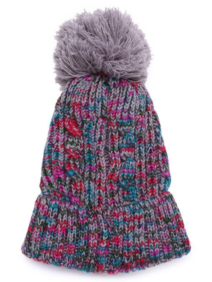 Romwe Multicolor Cable Knit Pom Pom Bobble Hat