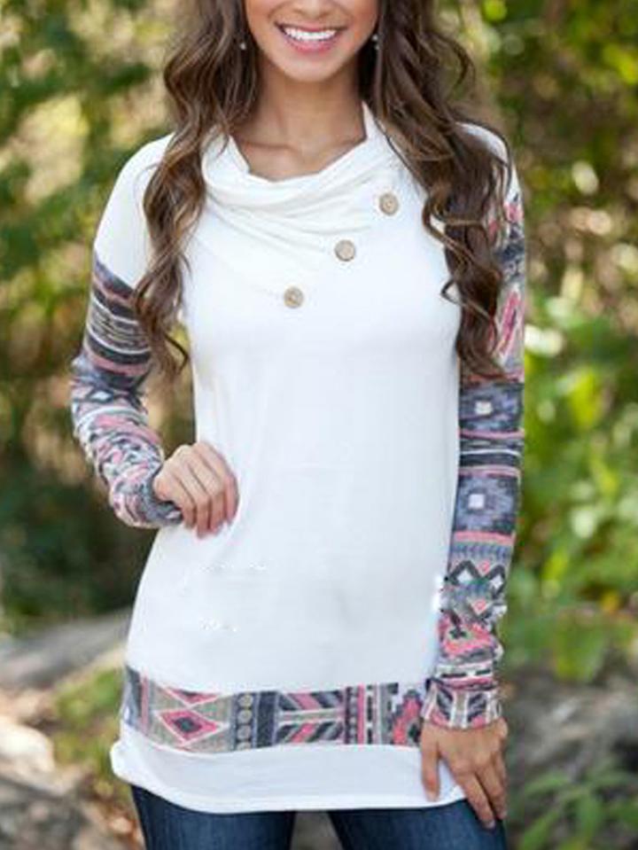 Romwe Draped Neck Geometric Print White T-shirt With Buttons