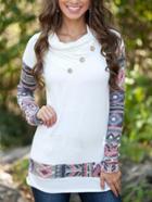 Romwe Draped Neck Geometric Print White T-shirt With Buttons