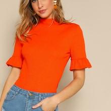 Romwe Neon Orange Mock-neck Ruffle Cuff Tee