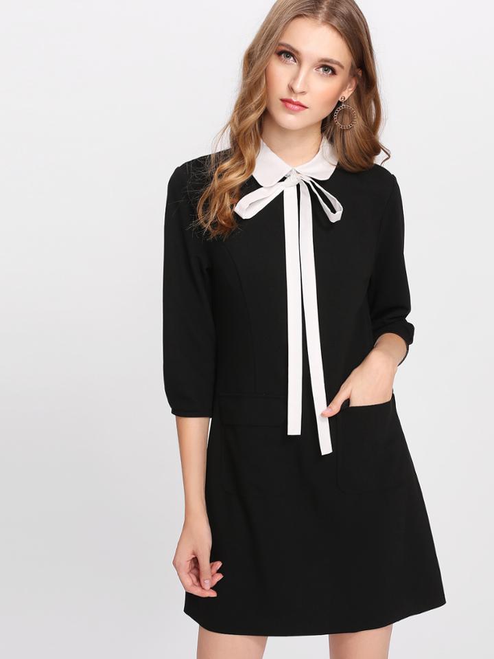 Romwe Contrast Tied Collar Pocket Detail Dress