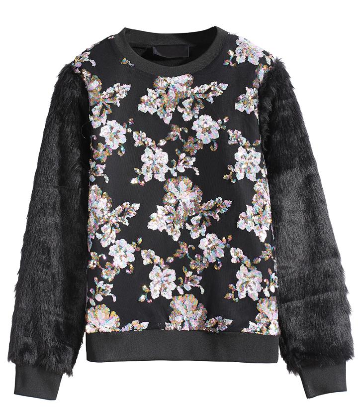 Romwe Faux Fur Sequined Sweatshirt