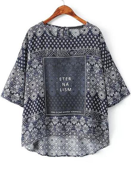 Romwe Navy Round Neck Vintage Floral Dip Hem Blouse
