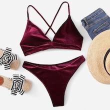 Romwe Criss Cross Velvet Bikini Set
