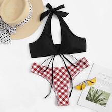 Romwe Halter Top With Gingham Cheeky Bikini Set