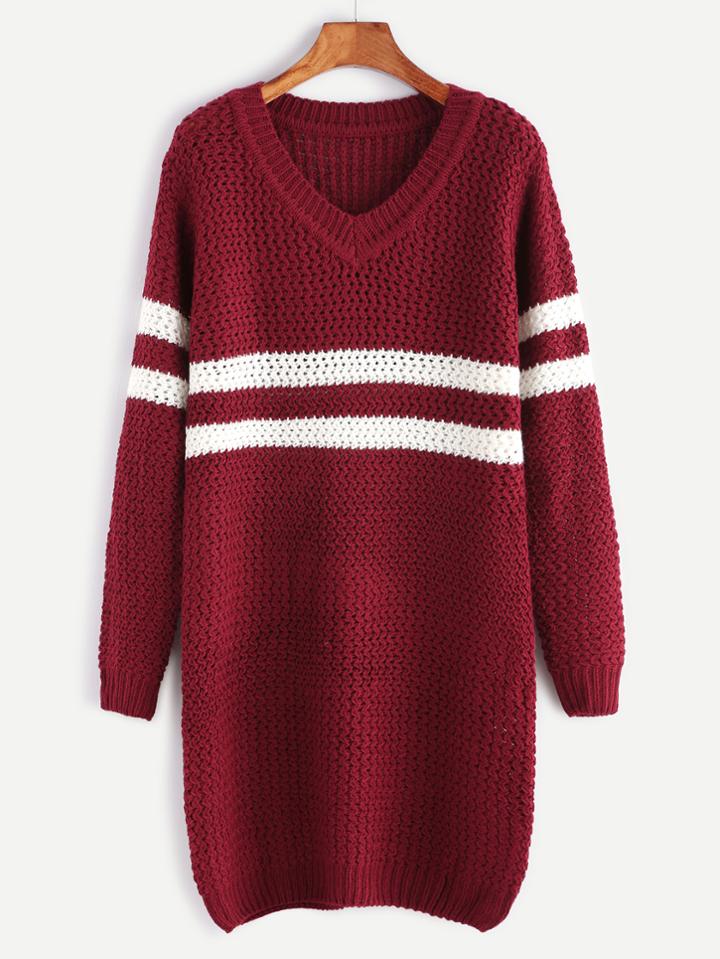 Romwe Burgundy V Neck Striped Trim Sweater Dress