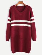 Romwe Burgundy V Neck Striped Trim Sweater Dress