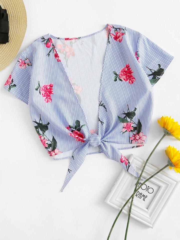 Romwe Plunging V-neckline Striped Floral Print Knot Front Top