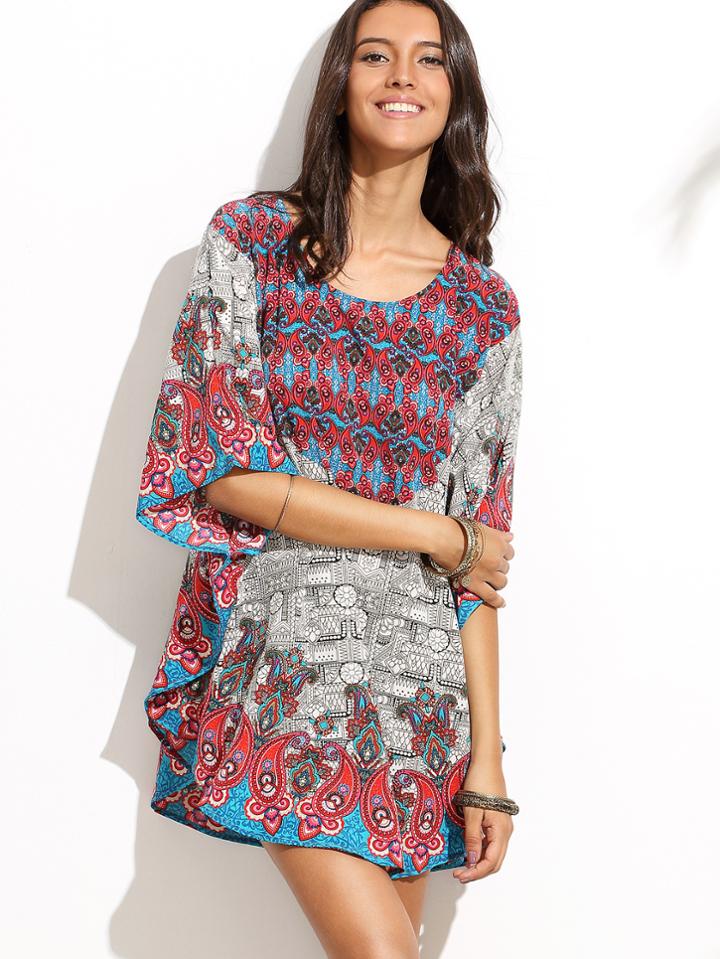 Romwe Multicolor Batwing Sleeve Shift Dress