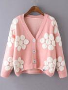 Romwe Long Sleeve Flower Pattern Buttons Pink Coat