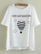 Romwe White Dip Hem Letters Hot Air Balloon Print T-shirt