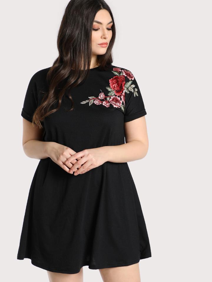 Romwe Embroidered Rose Patch Tee Dress
