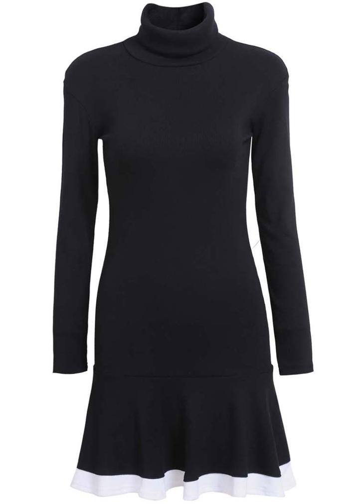 Romwe Black High Neck Long Sleeve Pleated Dress