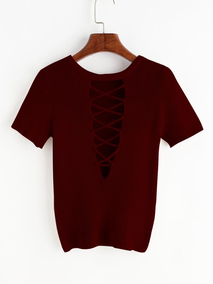 Romwe Burgundy Lace Up Back Ribbed Knitted T-shirt