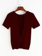 Romwe Burgundy Lace Up Back Ribbed Knitted T-shirt