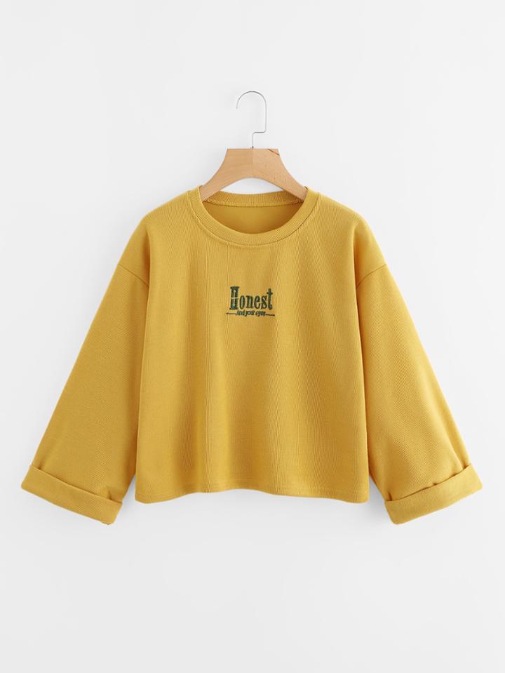 Romwe Drop Shoulder Embroidered Letter Cuffed Sweatshirt