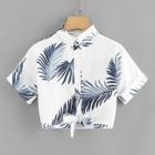 Romwe Leaf Print Knot Hem Shirt