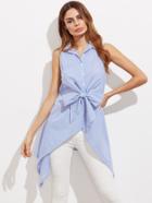 Romwe Bow Front Button Up Hanky Hem Striped Shirt