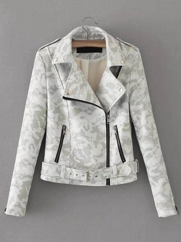 Romwe Oblique Zipper Pu Camo Jacket With Belt