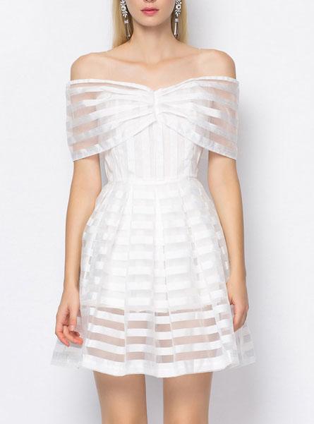 Romwe Off The Shoulder Striped Organza Dress