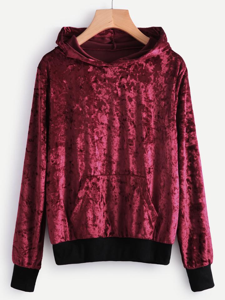Romwe Velvet Kangaroo Pocket Hooded Sweatshirt