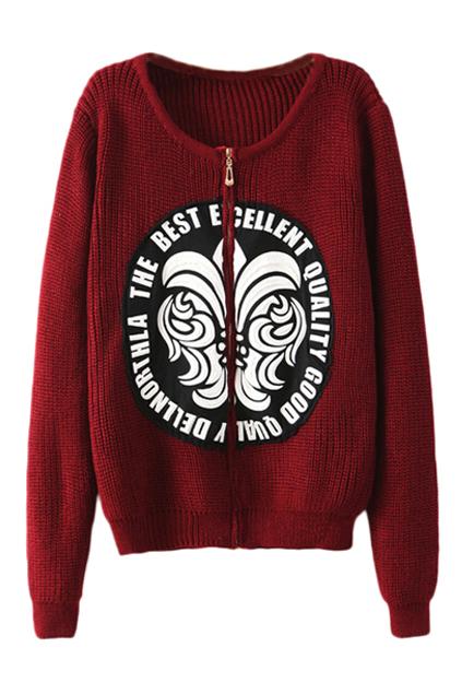 Romwe Totem And Letter Appliqued Red Cardigan