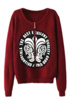 Romwe Totem And Letter Appliqued Red Cardigan