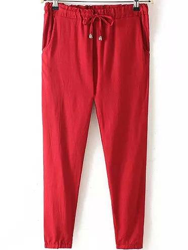 Romwe Elastic Waist Drawstring Red Pant