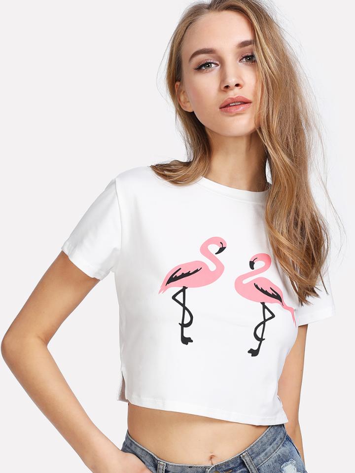 Romwe Flamingo Print Crop Tee