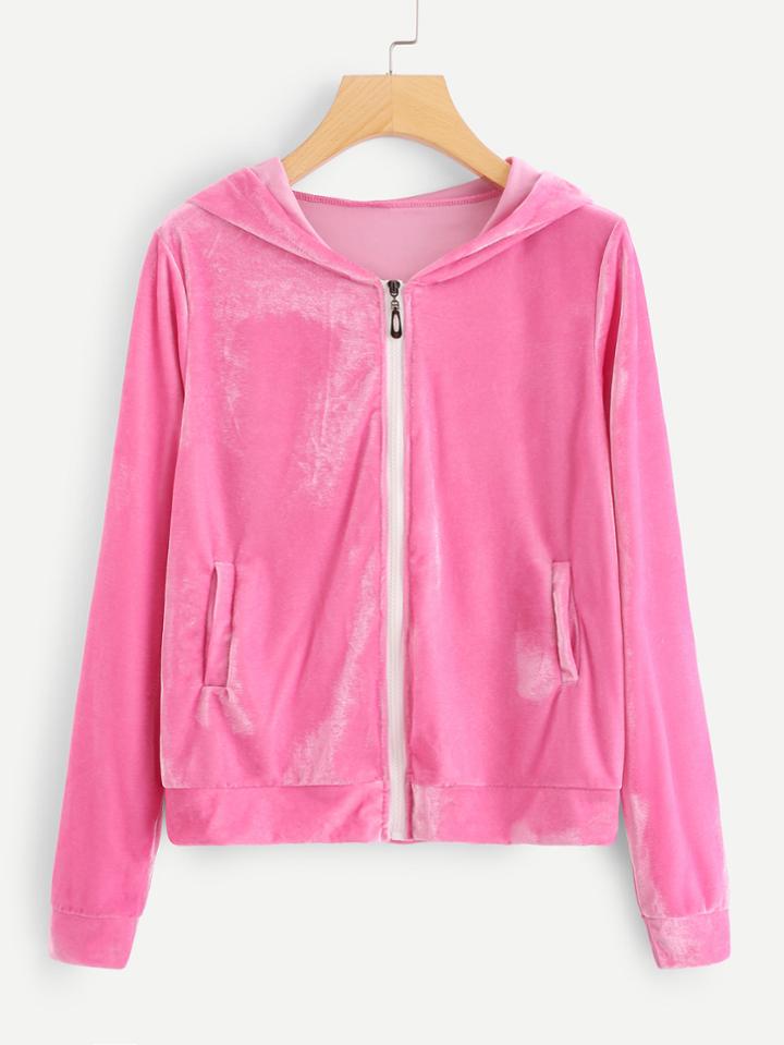 Romwe Velvet Zip Up Hooded Jacket