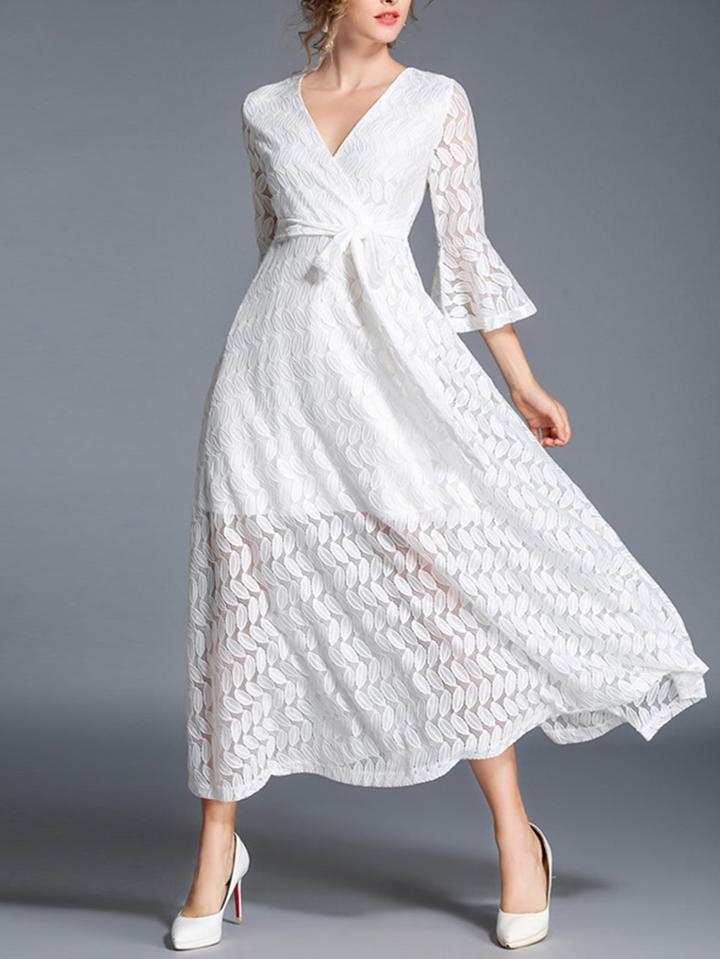 Romwe Trumpet Sleeve Tie Waist Lace Dress