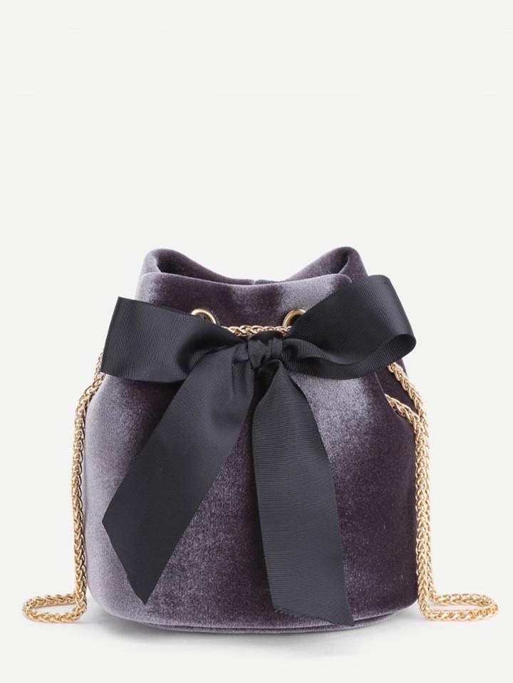 Romwe Bow Tie Decorated Velvet Bucket Bag