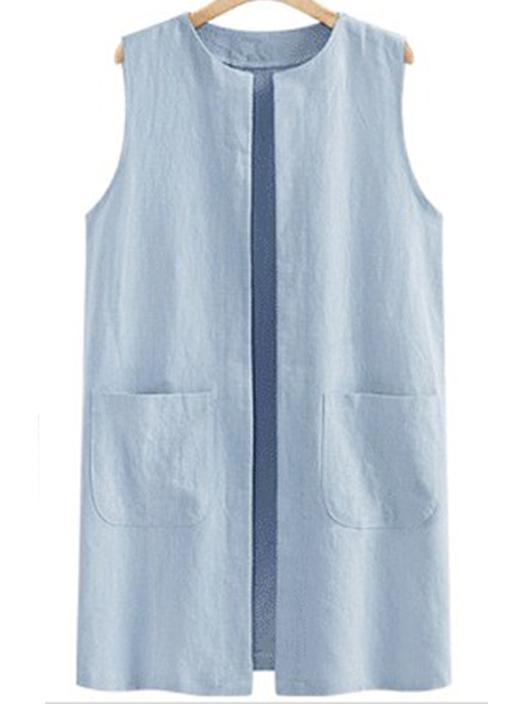 Romwe Blue  Open Front Longline Vest With Pockets
