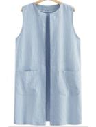 Romwe Blue  Open Front Longline Vest With Pockets