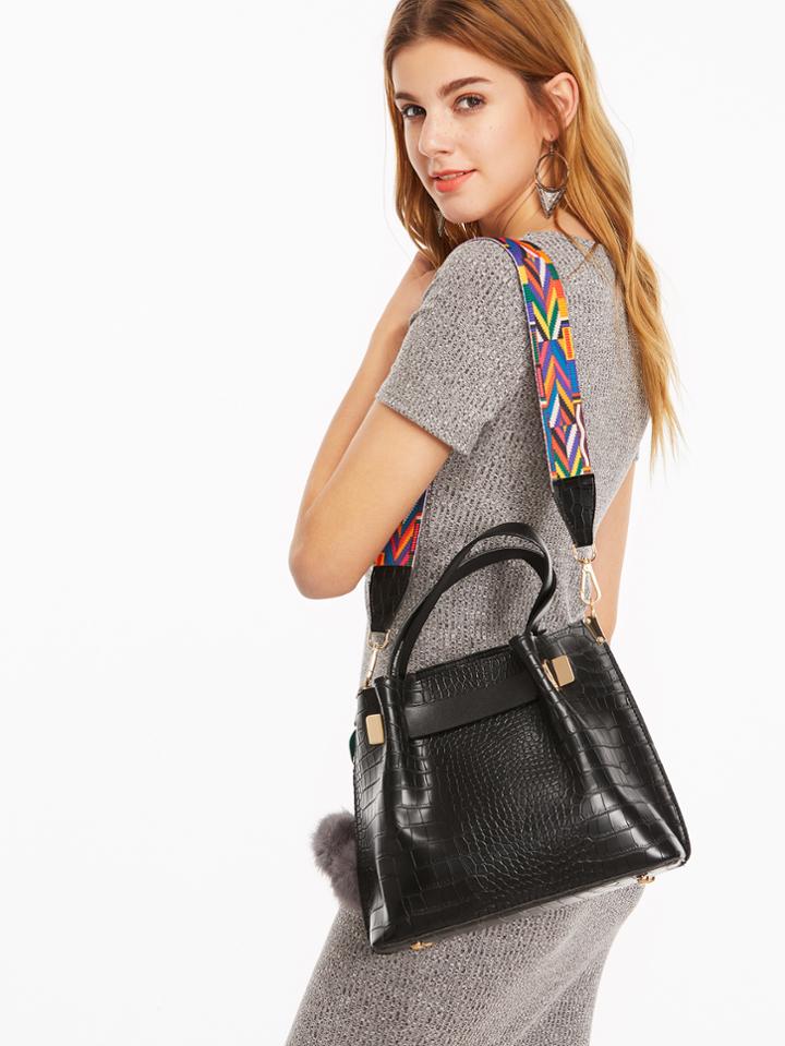 Romwe Black Pom Pom Embossed Pu Handbag With Multicolour Strap