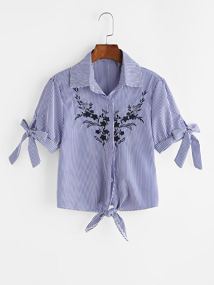 Romwe Vertical Stripe Tie Cuffs And Hem Embroidered Blouse