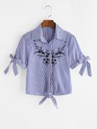 Romwe Vertical Stripe Tie Cuffs And Hem Embroidered Blouse