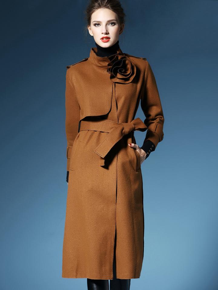 Romwe Brown Lapel Long Sleeve Flower Tie-waist Pockets Coat
