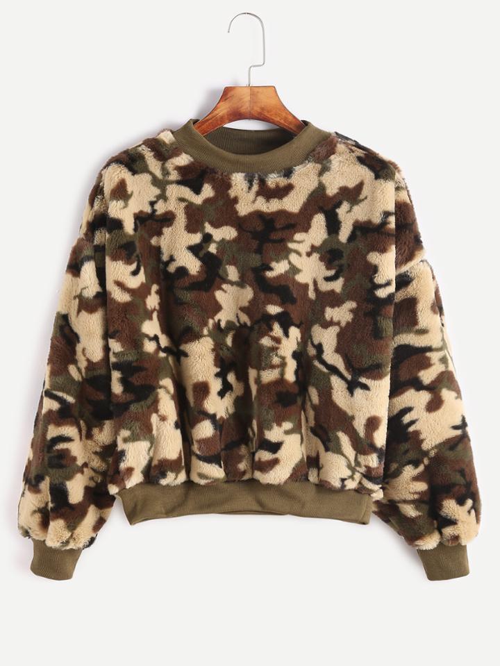 Romwe Camo Print Dropped Shoulder Seam Fuzzy Sweatshirt