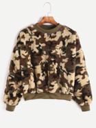 Romwe Camo Print Dropped Shoulder Seam Fuzzy Sweatshirt