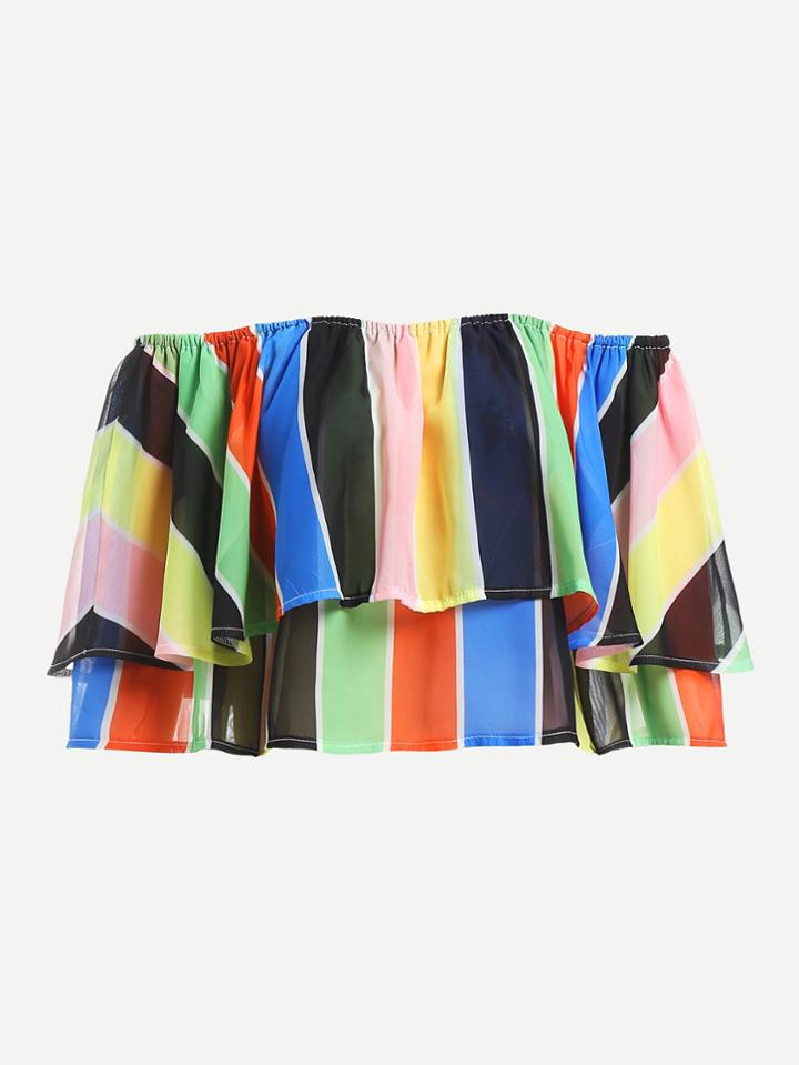 Romwe Colorful Vertical Stripe Ruffle Hem Crop Blouse