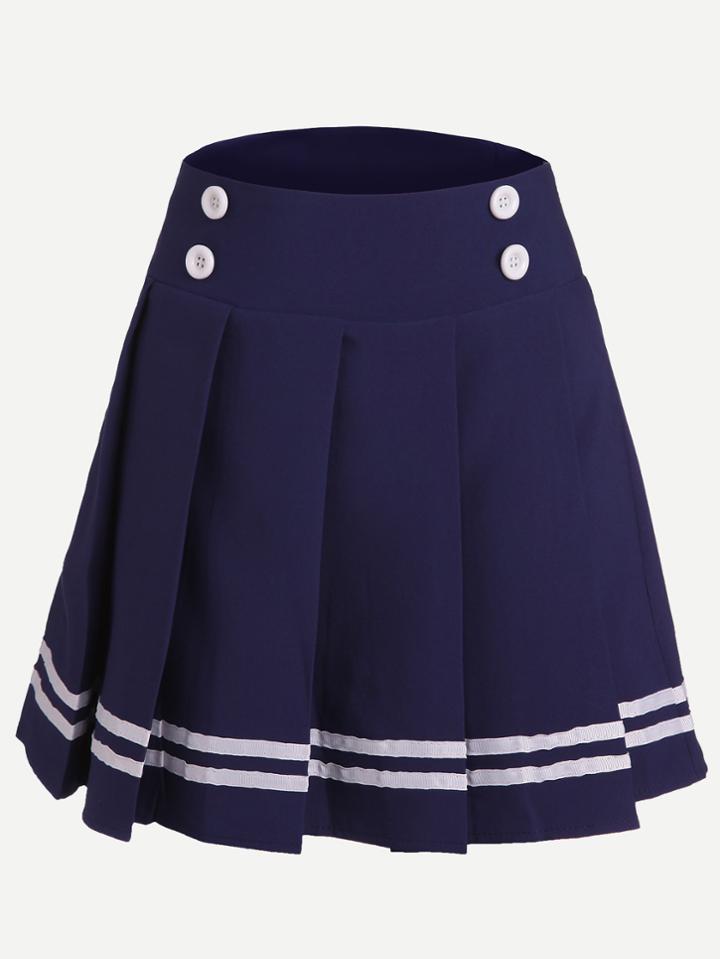 Romwe Blue Striped Trim Button Embellished Pleated Skirt