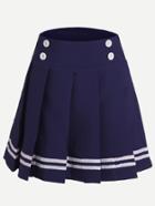 Romwe Blue Striped Trim Button Embellished Pleated Skirt