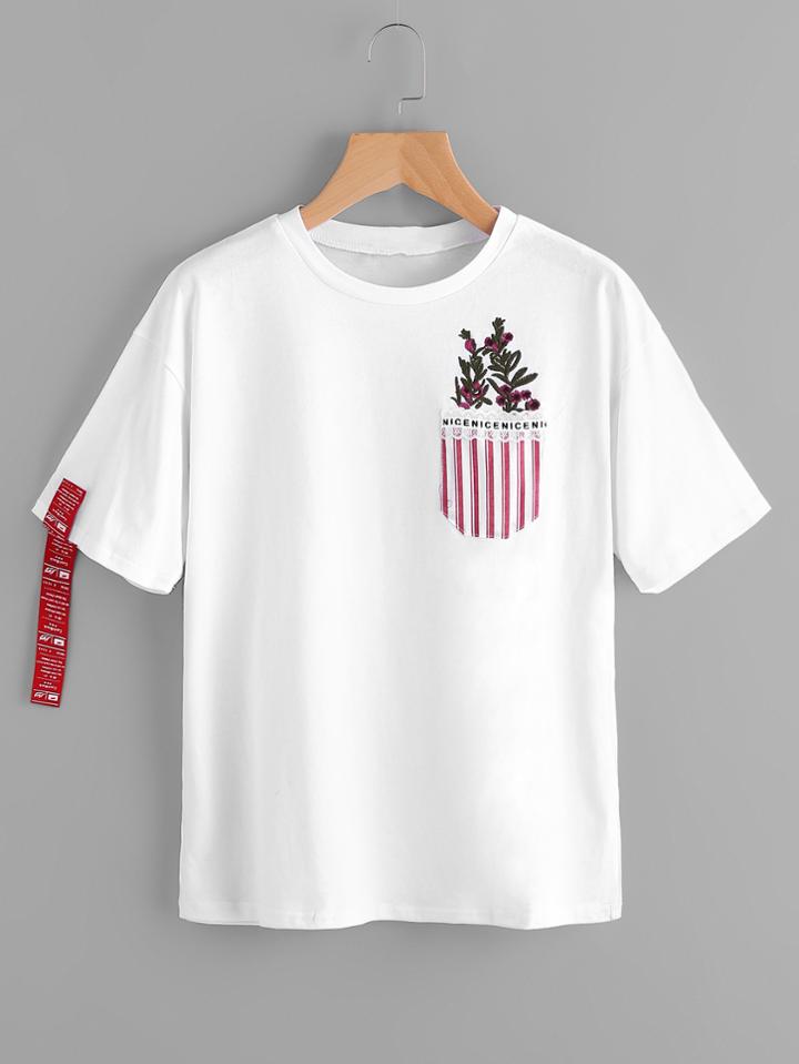 Romwe Plant Embroidered Patch Chest Pocket Tee