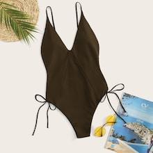 Romwe V-plunge Backless Lace-up Side One Piece Swimsuit