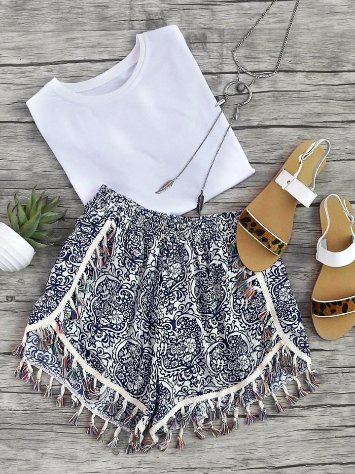 Romwe Porcelain Print Tassel Trim Shorts