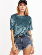 Romwe Green Short Sleeve Crushed Velvet T-shirt
