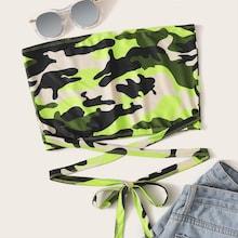 Romwe Camo Print Criss Cross Knot Hem Tube Top