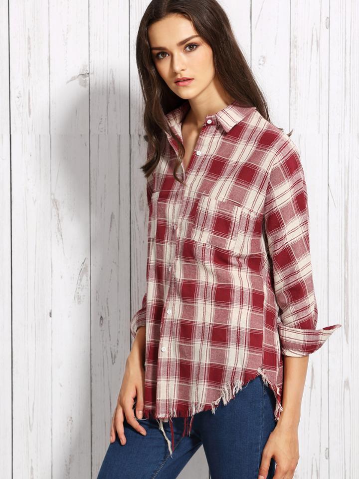 Romwe Burgundy Plaid High Low Raw Hem Shirt