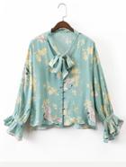 Romwe Tie Neck Bell Sleeve Floral Blouse